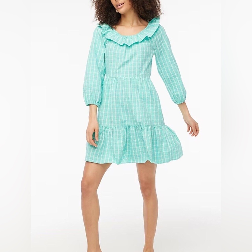 J. Crew Seersucker Plaid Ruffle Mini Dress Aqua Size 6